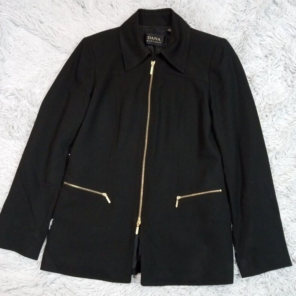 Vintage Dana Buchman Jacket Womens 8 Black Wool Cozy Career Soft Zip Up Pockets